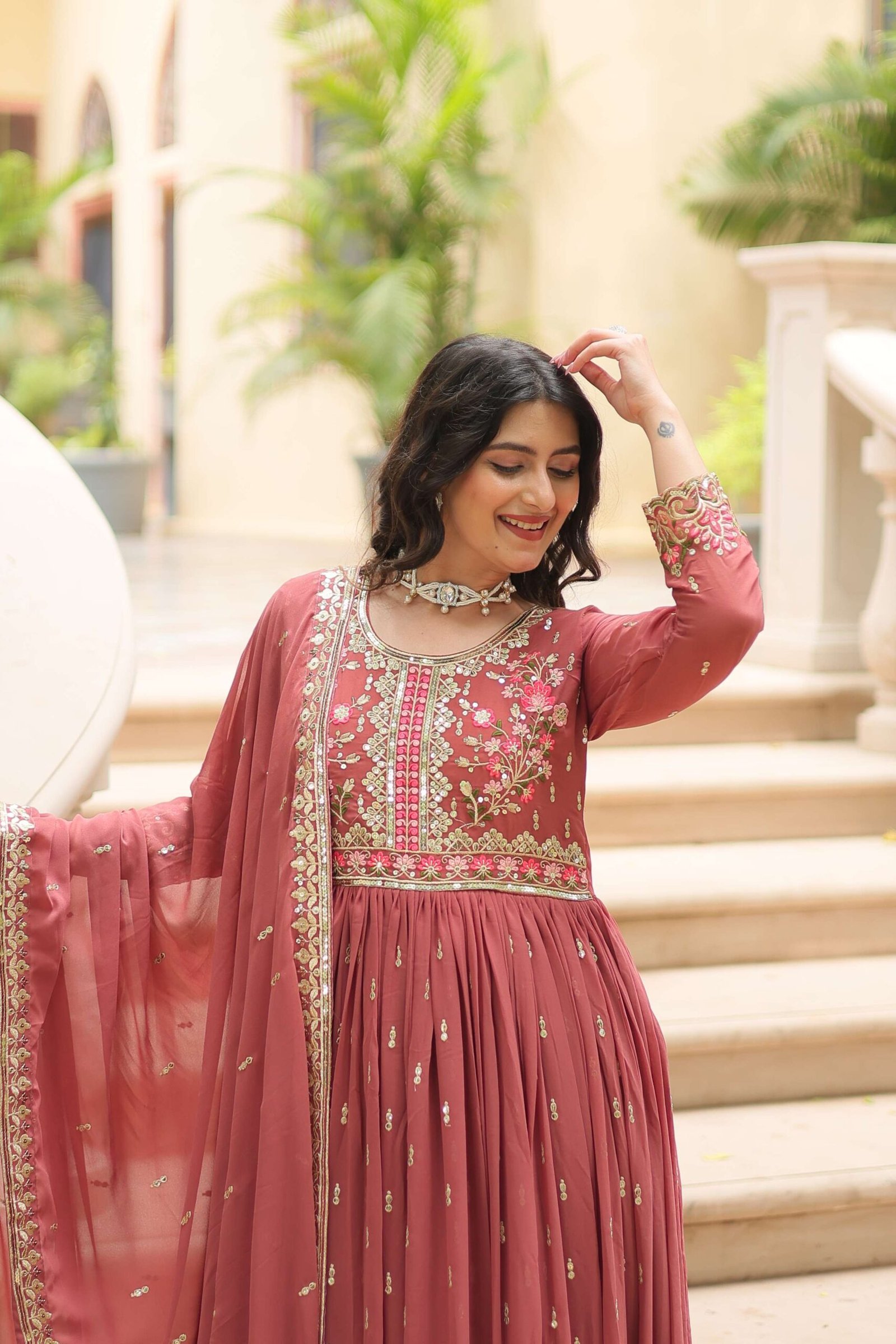 Coffee Faux Georgette Sequins Embroidered Kurti with Sharara & Dupatta Set - Image 7