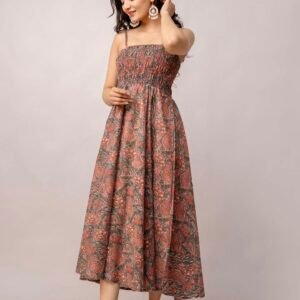Women's Silk Printed Shoulder Straps Sleeveless Anarkali Gown Drees (Light Maroon-SUI)