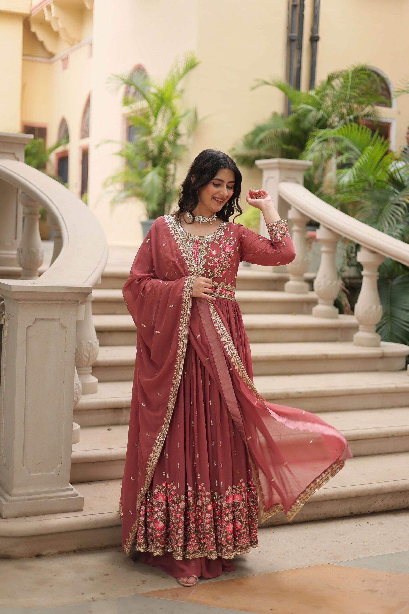 Coffee Faux Georgette Sequins Embroidered Kurti with Sharara & Dupatta Set - Image 4