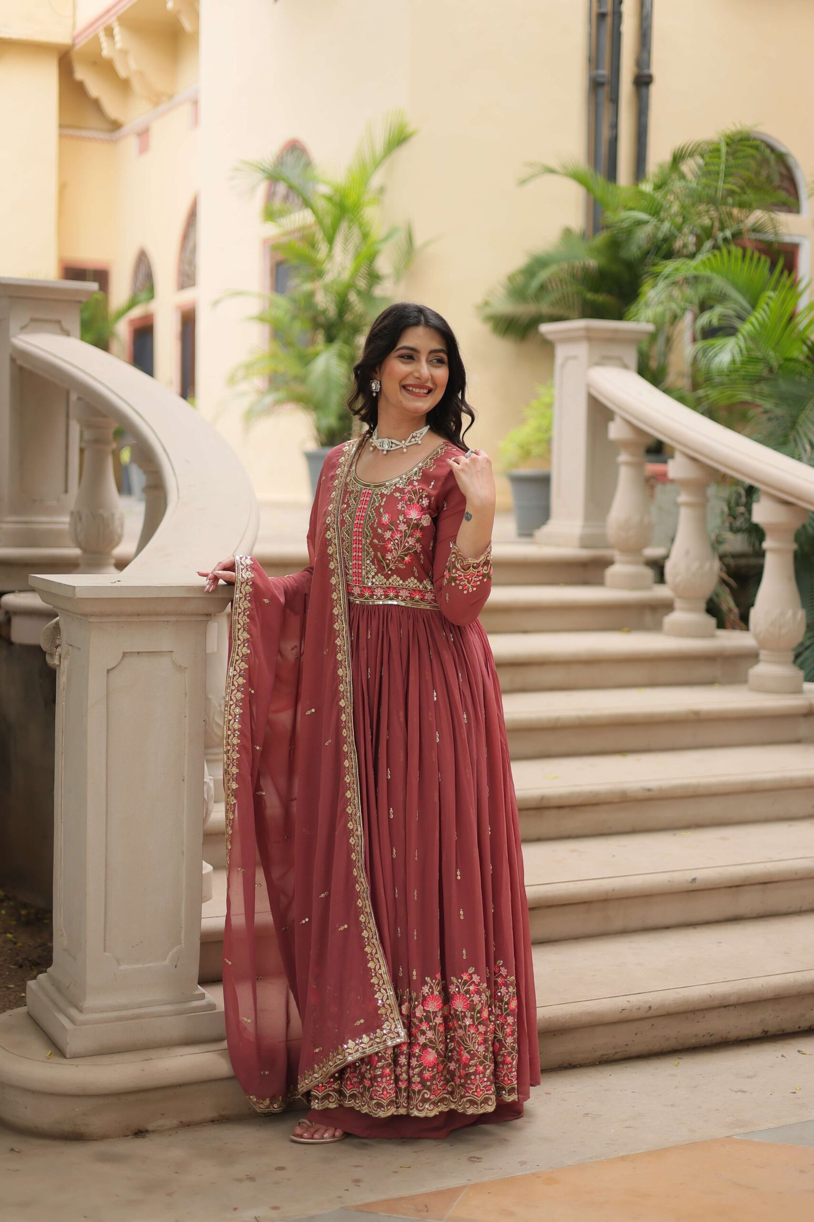 Coffee Faux Georgette Sequins Embroidered Kurti with Sharara & Dupatta Set - Image 2