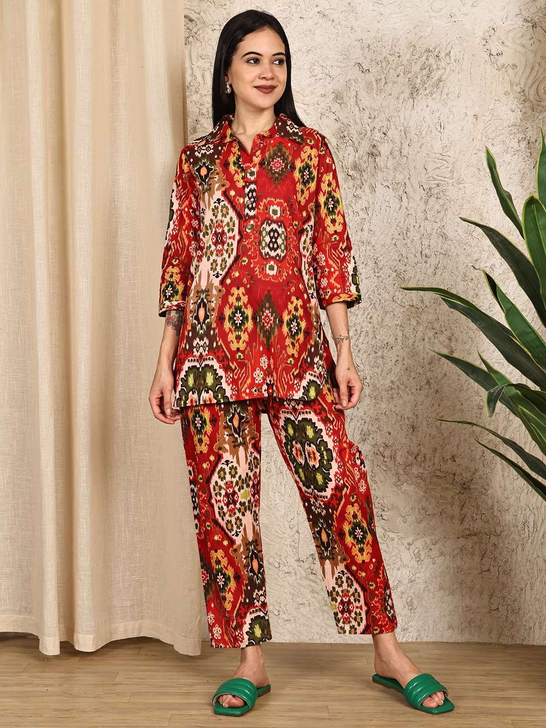 Women's Pure Cotton Printed Collared Top and Pant Co-ord Set (Multti Color3)