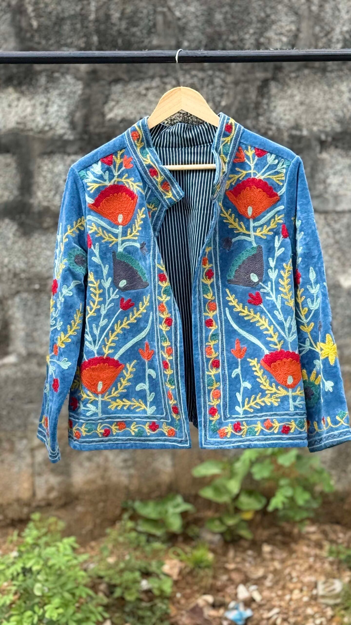 Womens Light Sky Blue Velvet Embroidered Jacket with Floral Design - Image 2