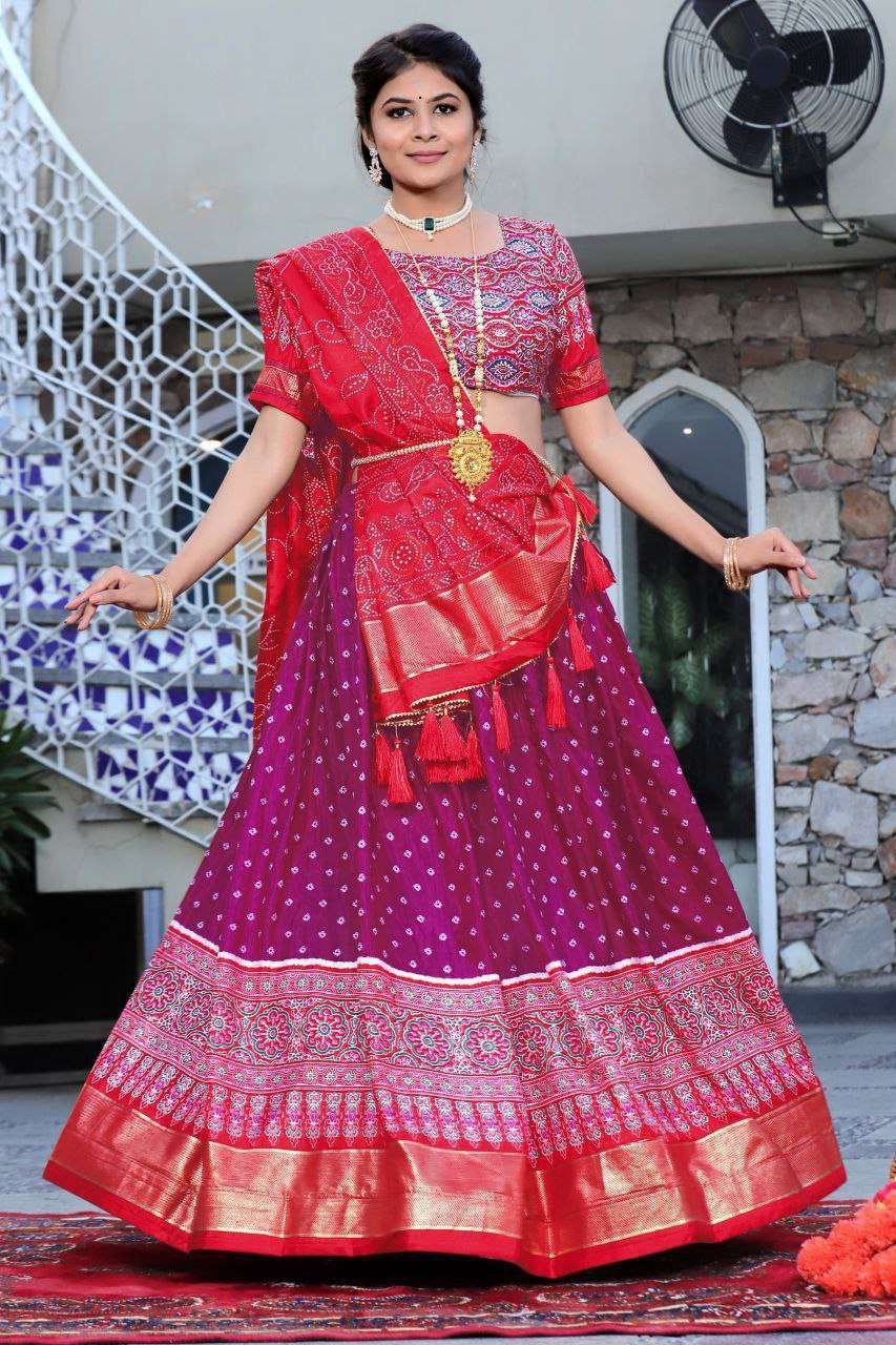 Purple Tussar Silk Lehenga Choli with Red Blouse | Patola Print & Foil Work | Wedding & Festive Wear - Image 2