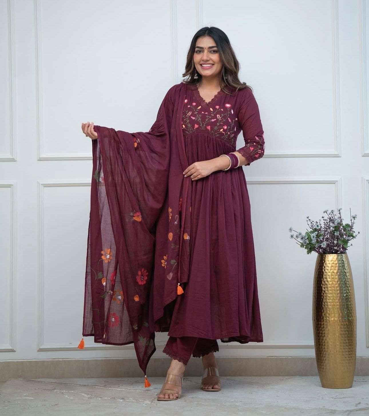 Women's Cotton Embroidered Long Anarkali Kurti With Pant and Dupatta Set