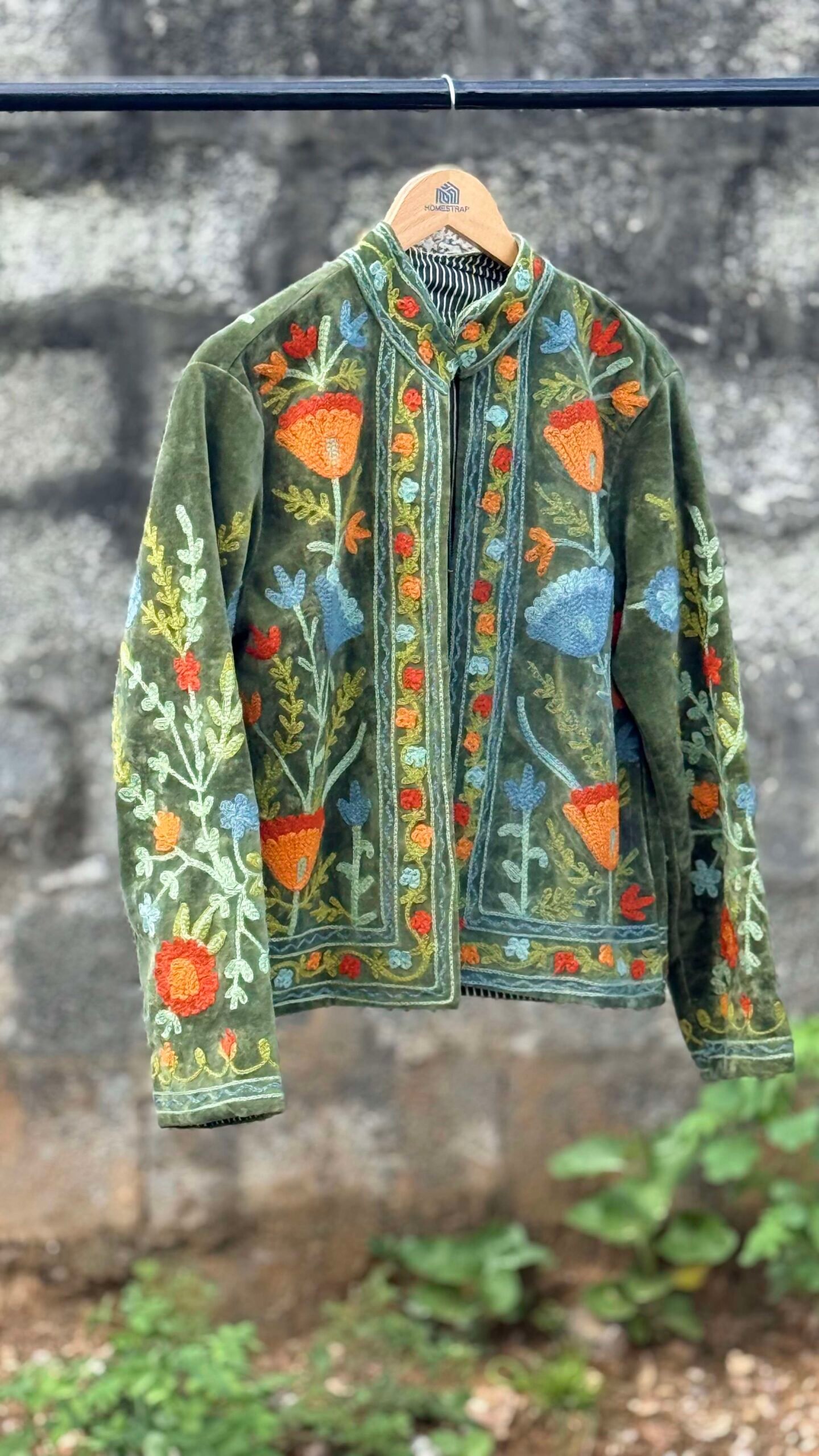 Womens Olive Green Velvet Embroidered Jacket with Floral Design - Image 2