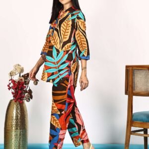 Women's Pure Cotton Printed Collared Top and Pant Co-ord Set (Multti Color1)