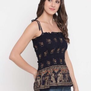 Women's Rayon Elephant Print Casual Summer Style Tie Shoulder Straps Free Size Tank Top ( Navy Blue Gold Pattern)
