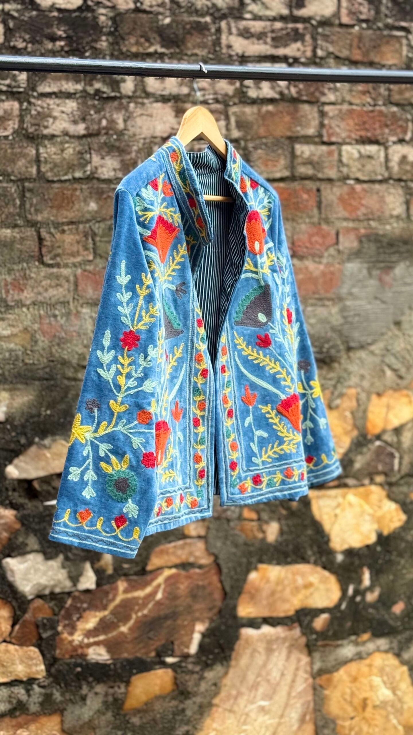 Womens Light Sky Blue Velvet Embroidered Jacket with Floral Design - Image 5