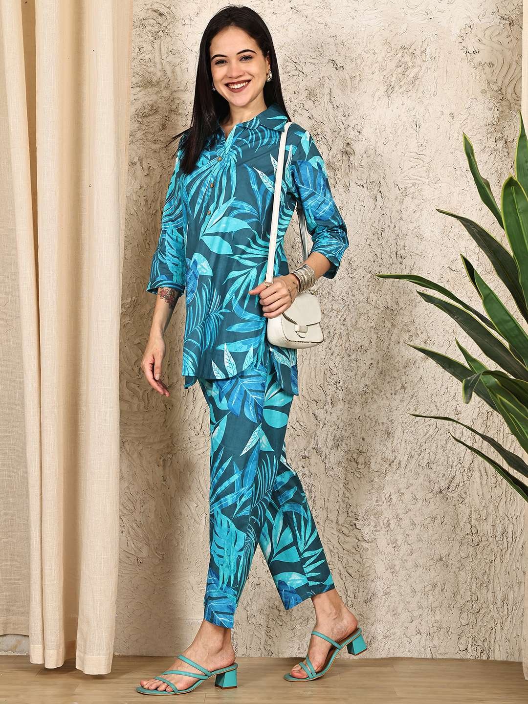 Women's Pure Cotton Printed Collared Top and Pant Co-ord Set (Multti Color2) - Image 4