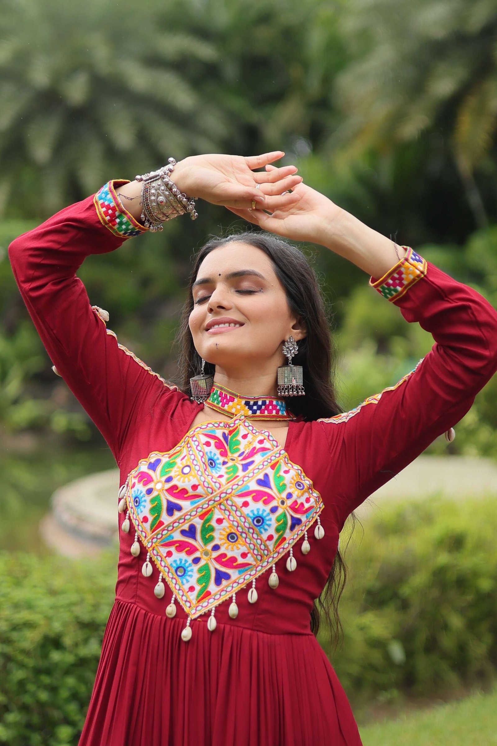 Maroon Reyon Partywear Gown with Kutchi Gamthi Work - Image 2