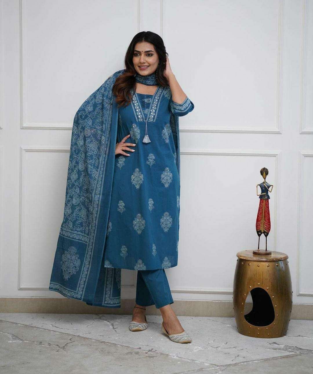 Women's Cotton Printed Straight Kurti with pant and Dupatta Set - Image 3