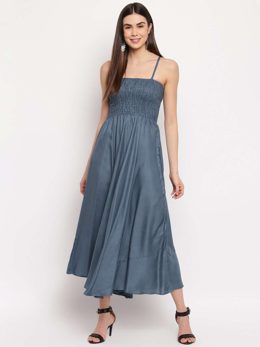 Women's Viscose Rayon Solid Shoulder Straps Sleeveless Flared Gown Drees (Grey) - Image 3