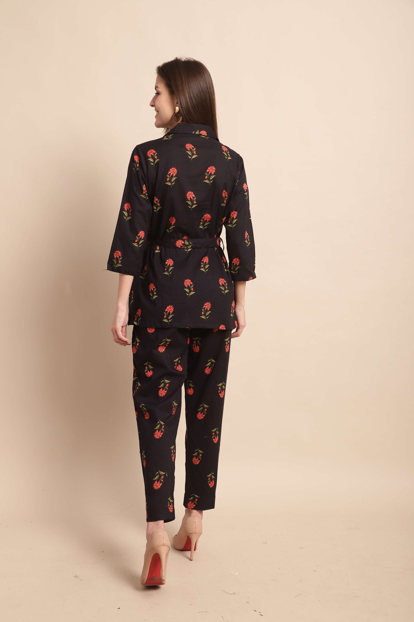 Women's Pure Cotton Printed Collared Top and Pant Co-ord Set (Black Rd) - Image 3