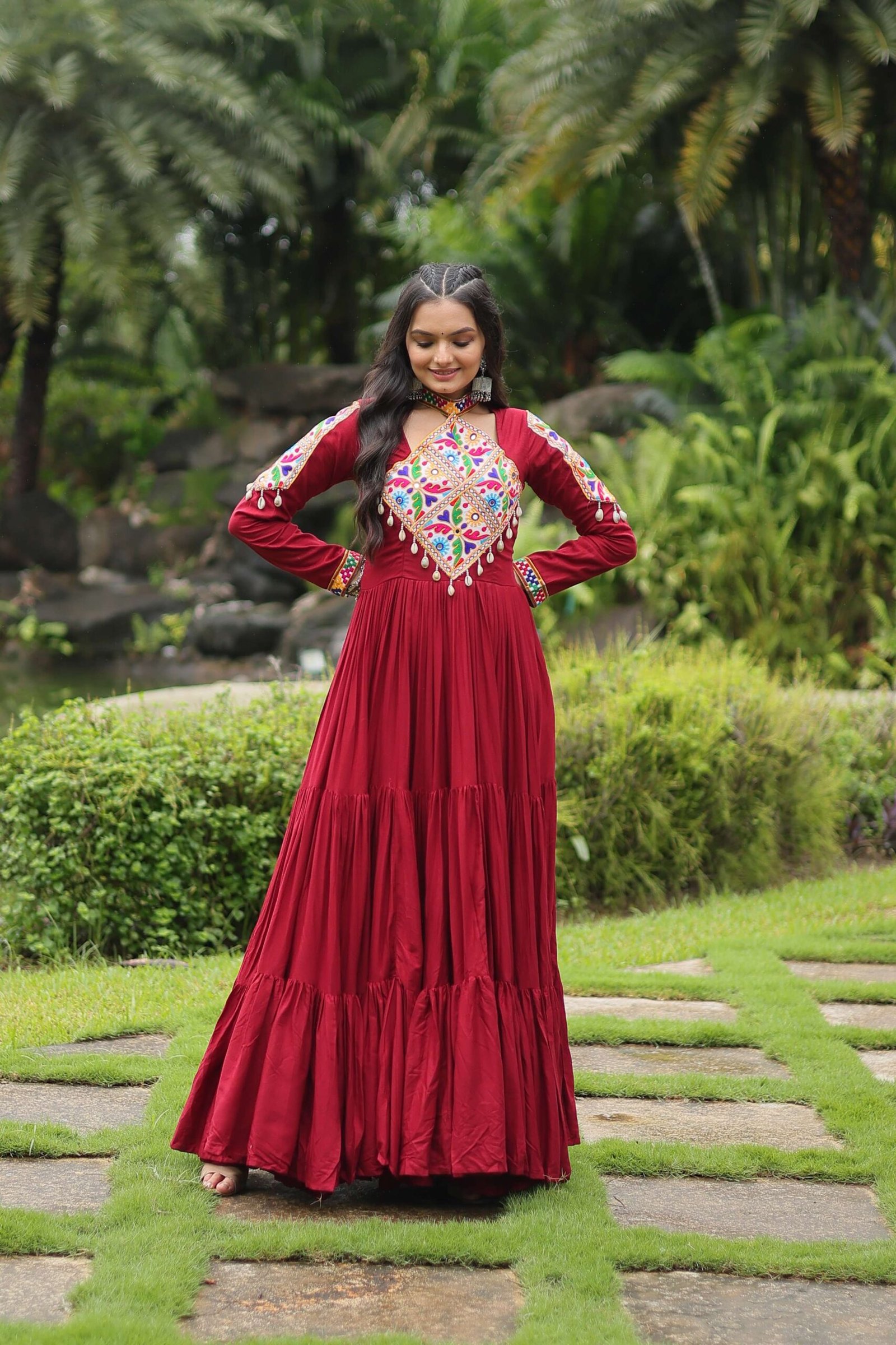 Maroon Reyon Partywear Gown with Kutchi Gamthi Work - Image 4
