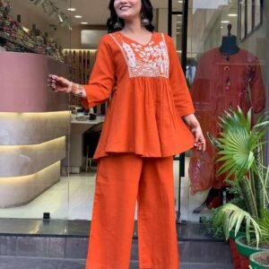 Women's Cotton Embroidered Flared Kurta With Pant Set